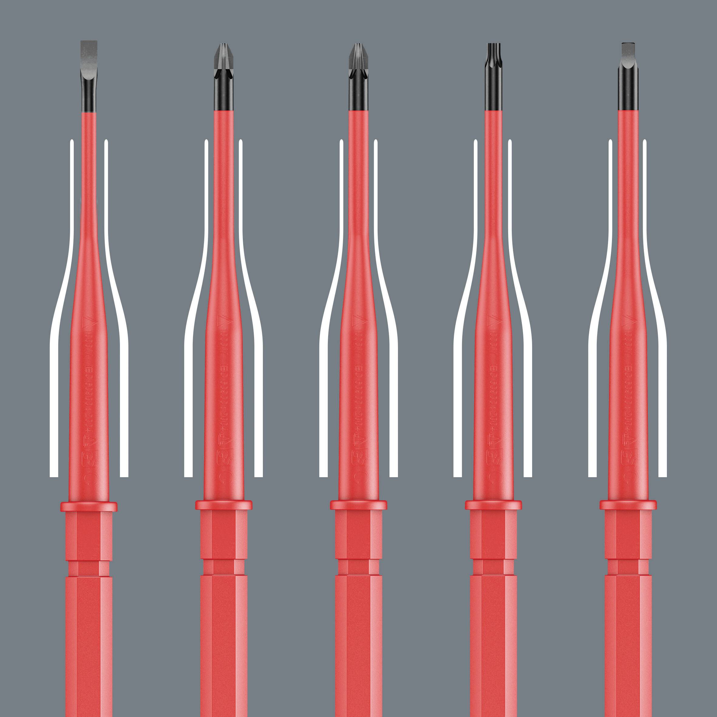 Five red pencil sharpeners with different blades on a grey background.