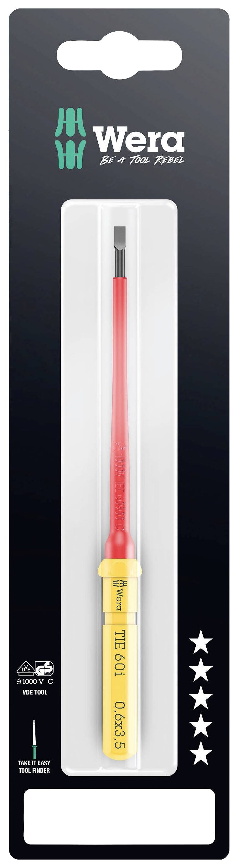 Packaging for an insulated screwdriver by Wera. The screwdriver has a red shaft and a yellow handle with the inscription 'PicoFinish'.