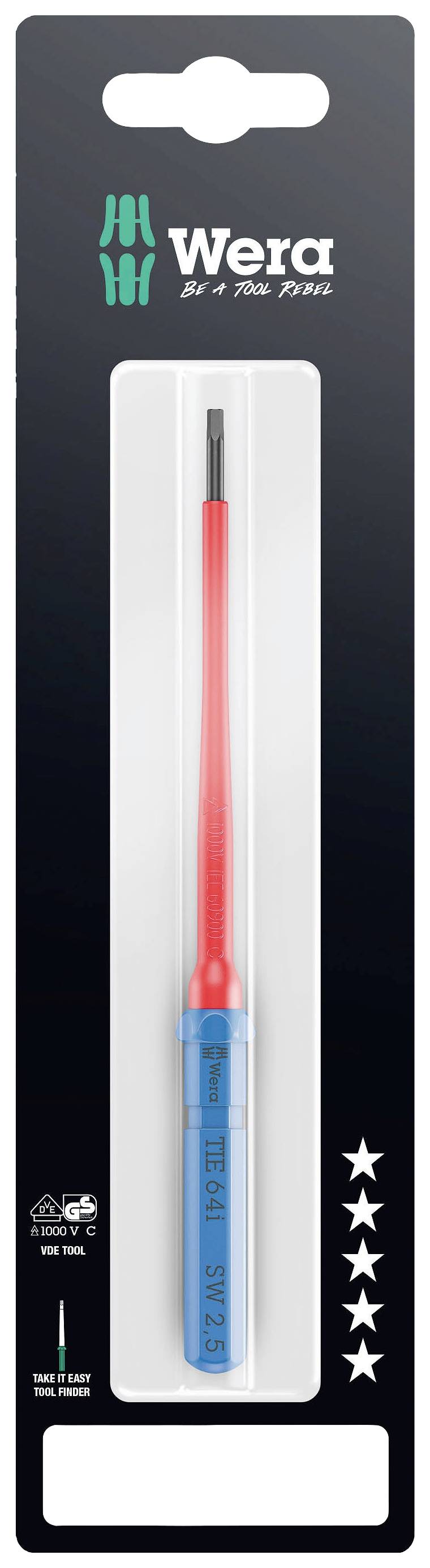 Packaging for an insulated screwdriver by Wera. The handle is shaped in blue and red. Packaging displays five stars.
