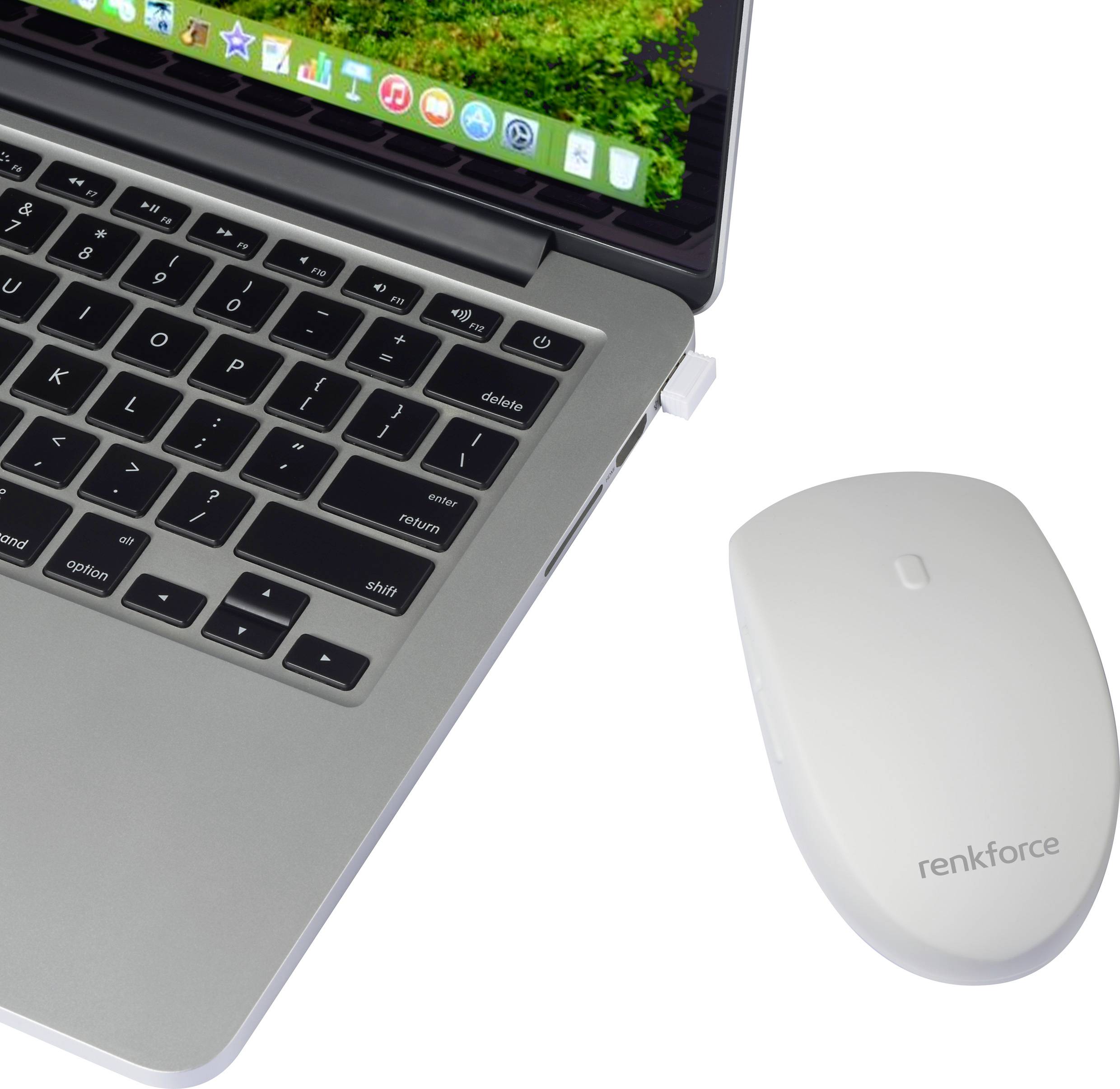 Laptop with an open screen on a desk. A wireless mouse is lying beside it.