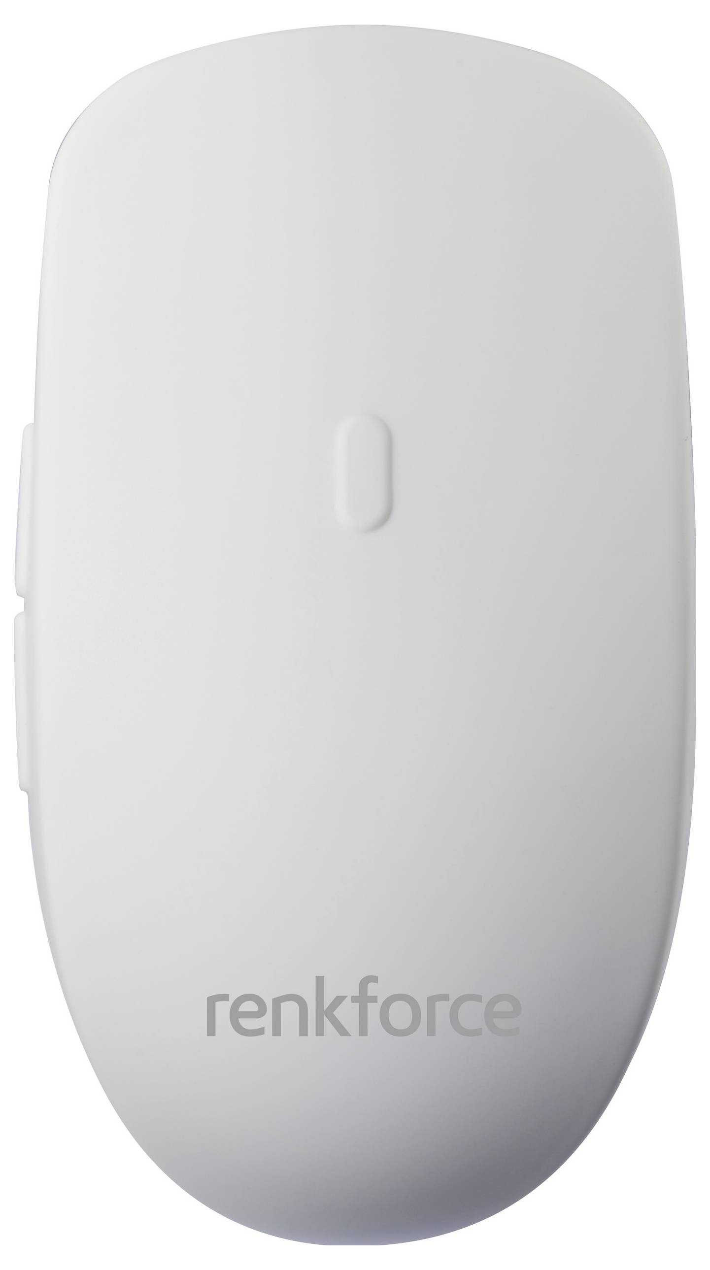 White wireless mouse by Renkforce with minimalist design and side button. Ideal for office applications and ergonomic use.