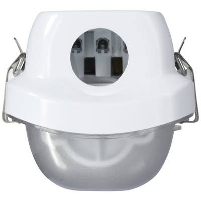 A white, round plastic casing with a metal clip on the side for attachment, potentially a component for technical or industrial applications.