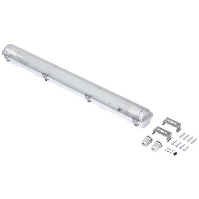 A weatherproof LED light with mounting accessories, including brackets, screws, and cable glands, is clearly visible beside it.