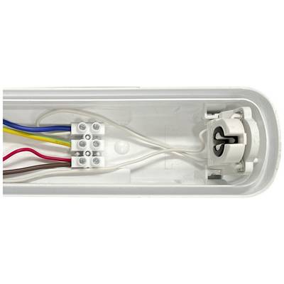'Detailed view of an electrical junction box with colourful cables and terminals in a plastic casing. Used for electrical distribution.'