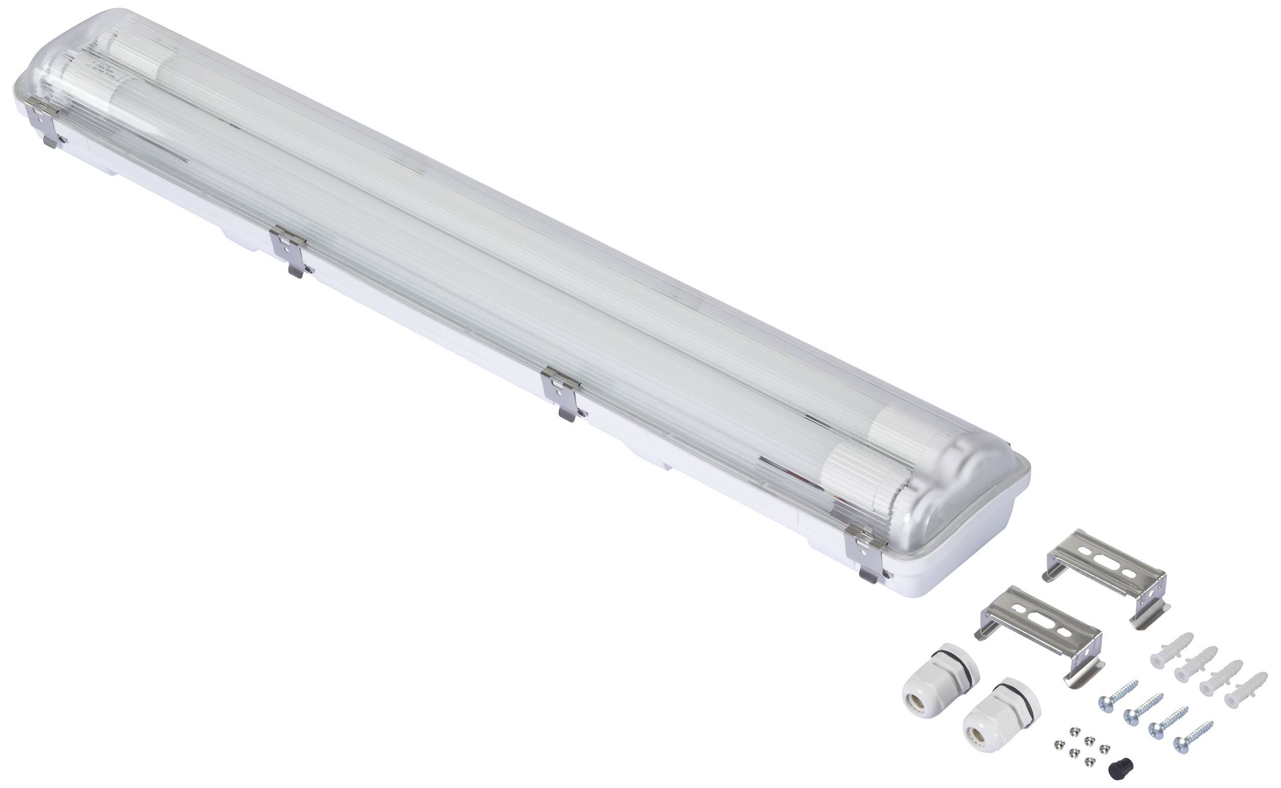 Fluorescent tube with a transparent protective housing, mounting elements and screws for installation. Includes two lamp holders.