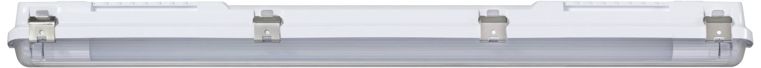 Industrial light with a robust, waterproof cover and metal fixings, suitable for industrial or damp environments.