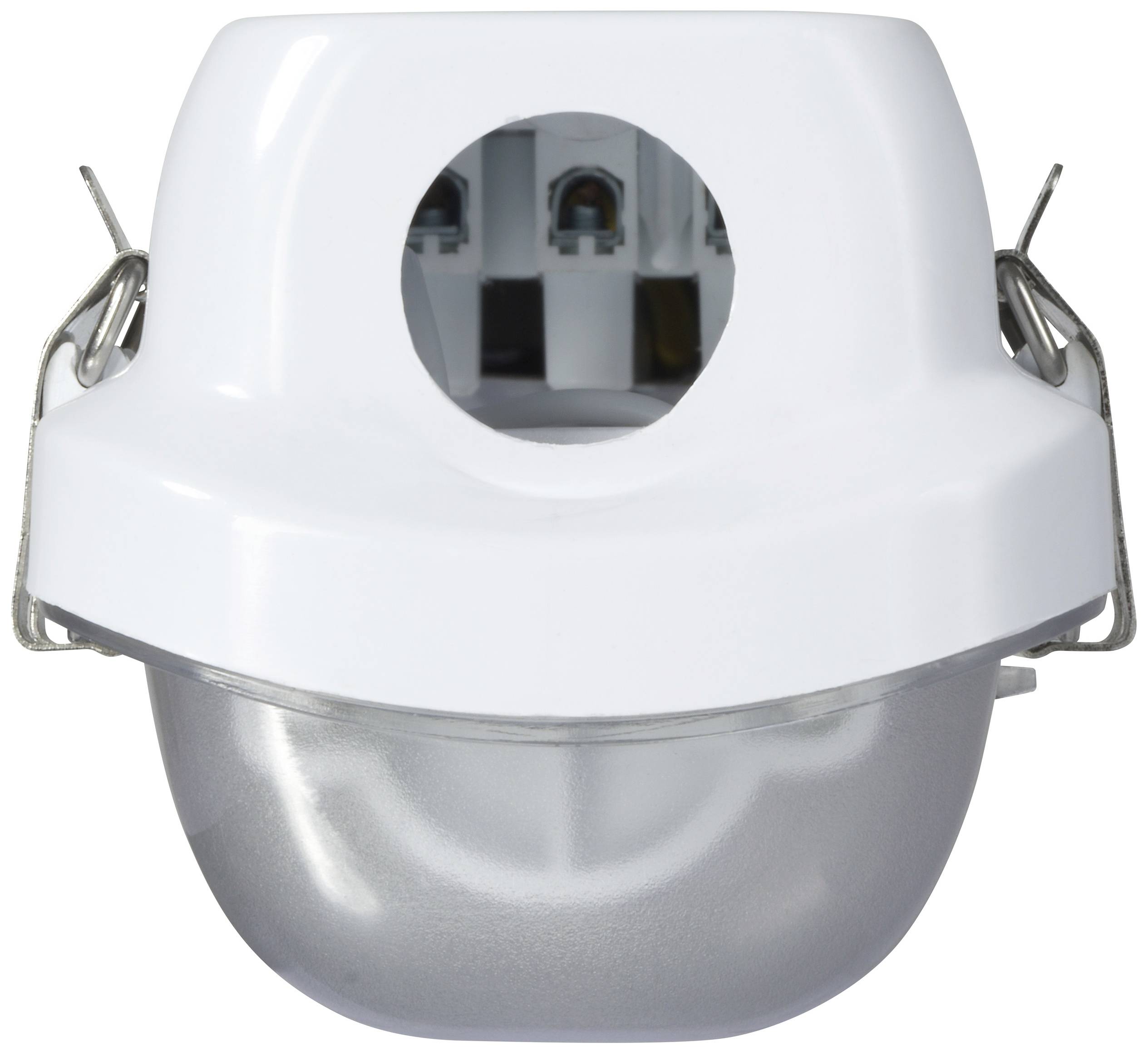 A white light fitting with a metallic base, suitable for walls or ceilings; functional and minimalist design for interior spaces.