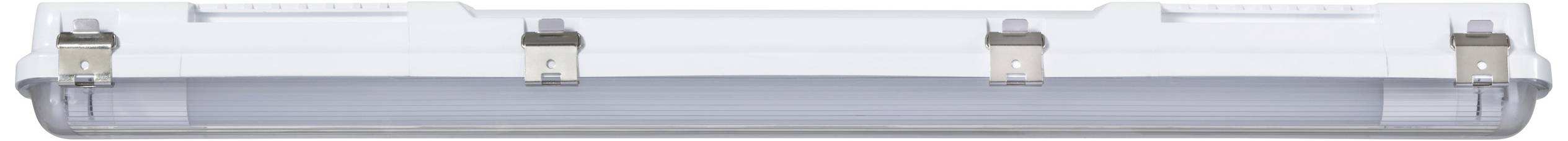 Elongated ceiling light with a transparent protective housing and metallic mounting brackets. Suitable for industrial or domestic use.