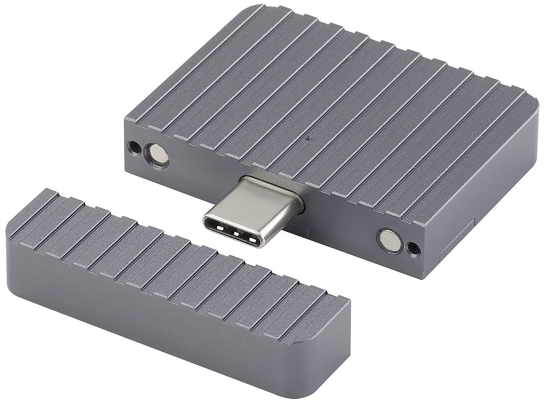 A USB-C adapter with a removable casing, metallic design, showing the connection point. Suitable for data transfer or chargers.