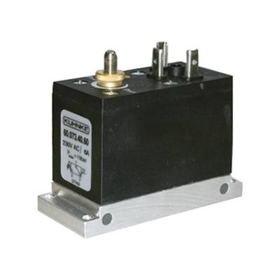 'A black electrical module by Klinke on a metallic base, with three connections on top and a label with technical details.'