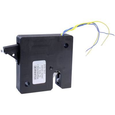 Electronic lock with black casing, highlighted locking mechanism, yellow and blue cables, and label.
