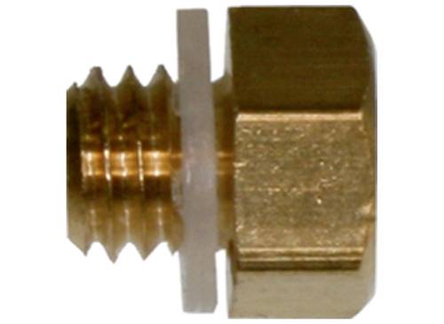Brass screw connection with a seal in the centre, side view. Used for pipework or electronic connections.