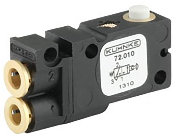 Small pneumatic valve with two brass connections and a white push button. Label shows 'Kuhnke' and a circuit diagram symbol.