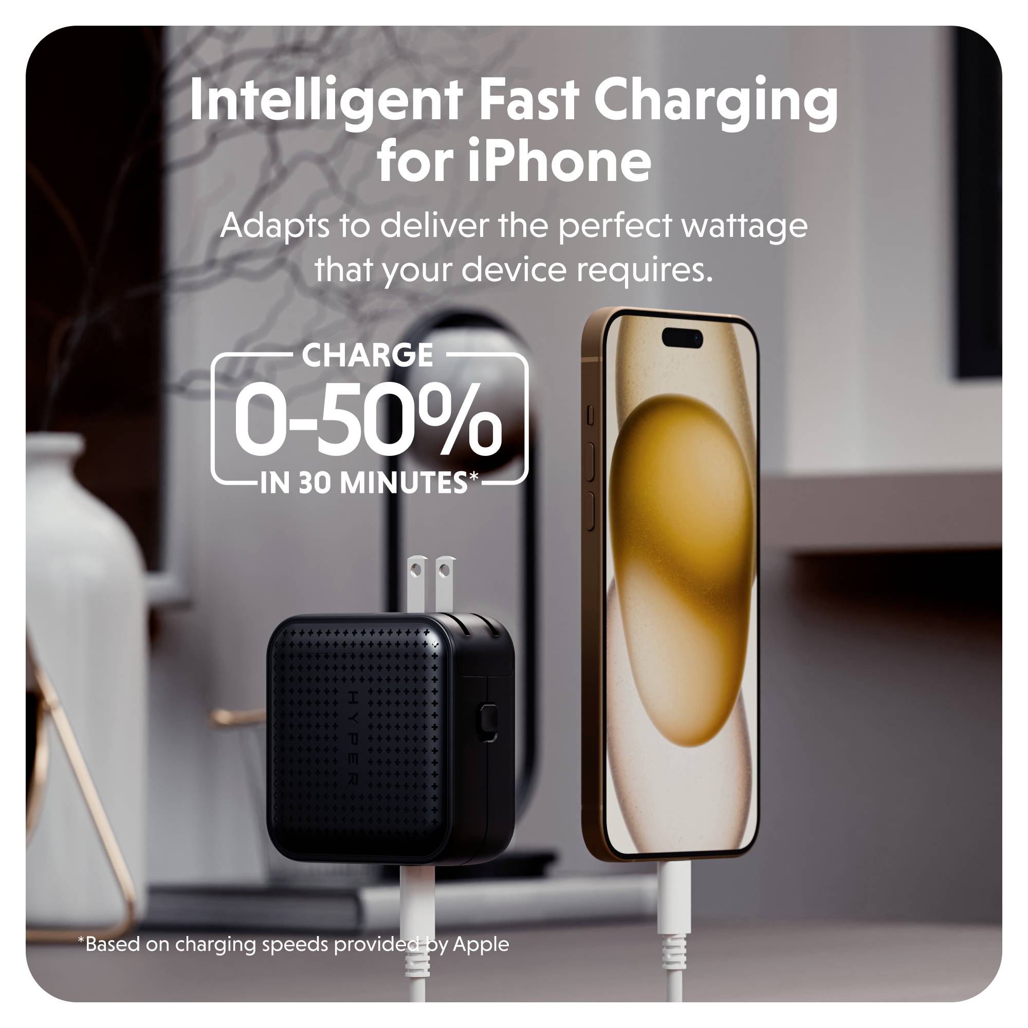 'Intelligent Fast Charging for iPhone' shows a charger and iPhone. Text explains 0-50% charge in 30 minutes and adaptation to required performance.