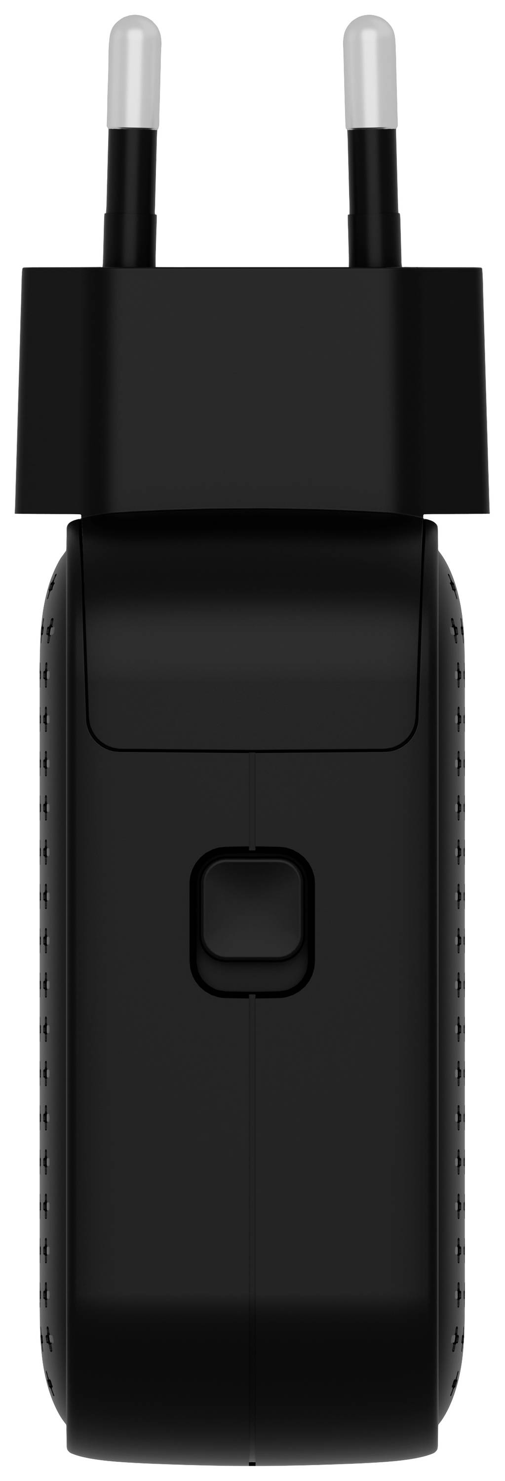 Black, rectangular charger with foldable, two-pin plugs. Side view.