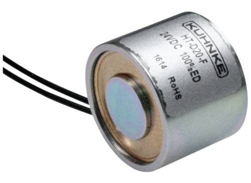 A cylindrical, silver electromagnetic coil with two black cables, with the specifications '24VDC, 100% ED' printed on it.