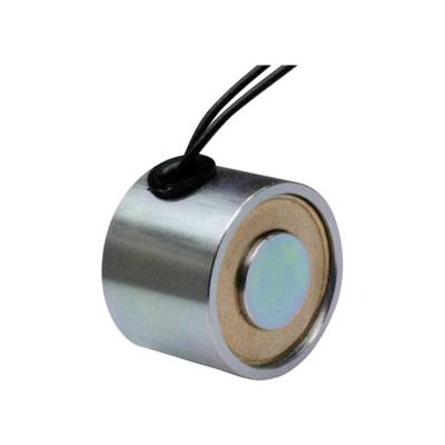 Cylindrical electromagnet with a metallic housing and two connected cables.