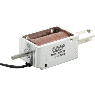 A rectangular electromagnet with the inscription 'Kuhnke H24850-R-F, 24VDC, 100% ED, 1316, RoHS' displays the voltage and specifications.