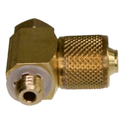 A brass connecting piece with a thread on one side and a knurled rotary closure on the other side, for connecting pipes or hoses.