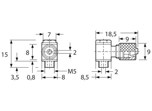 Technical Drawing of an Angle Sensor with Dimensions: 15 mm height, 8 mm length, 8.5 mm width. Details and labels are present.