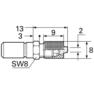 Technical drawing of a connection part with dimensions: Length 13mm, diameter 3mm, thread SW8, and further details.