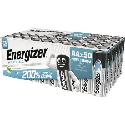 Energizer pack of 50 AA batteries, labelled: '200% longer lasting'. Includes recycled materials symbol.
