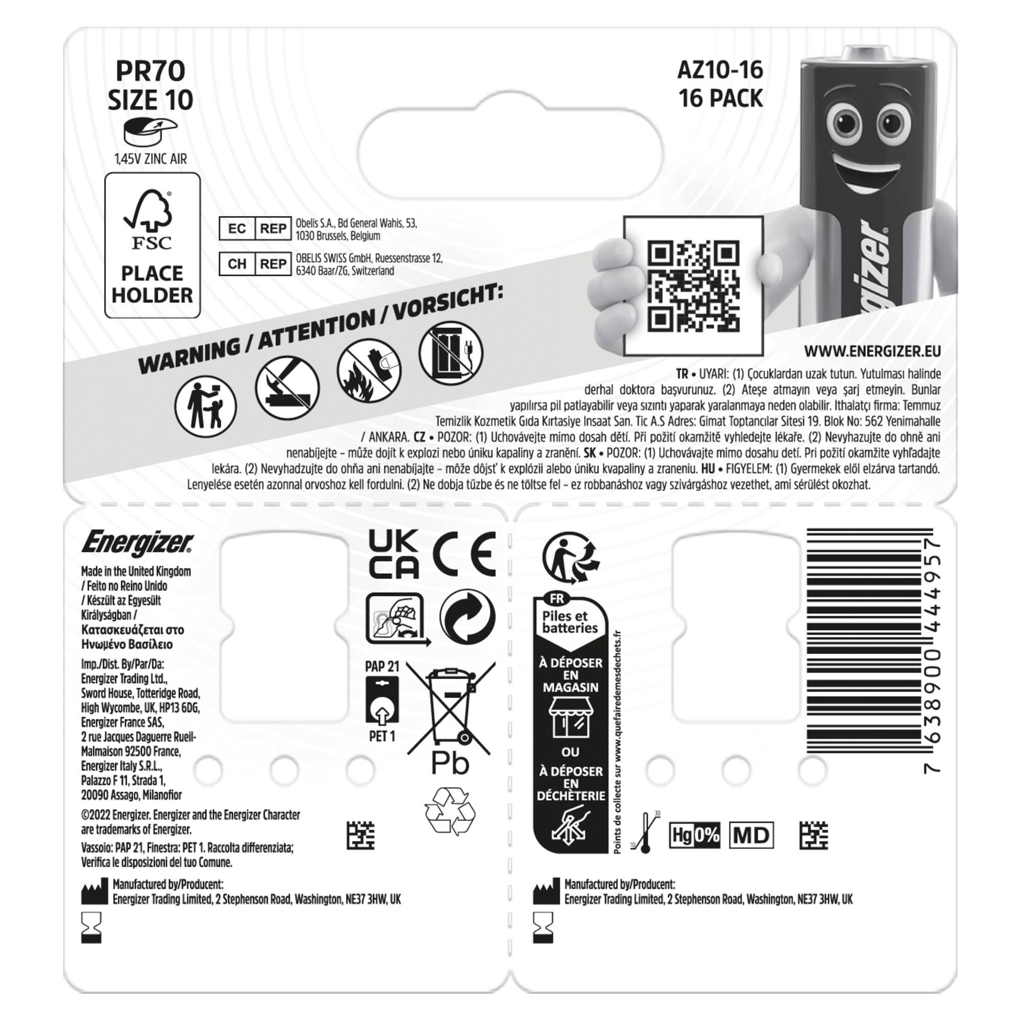 Packaging for a 16-pack of hearing aid batteries, Size 10, Energizer brand, with warning notices and recycling information.