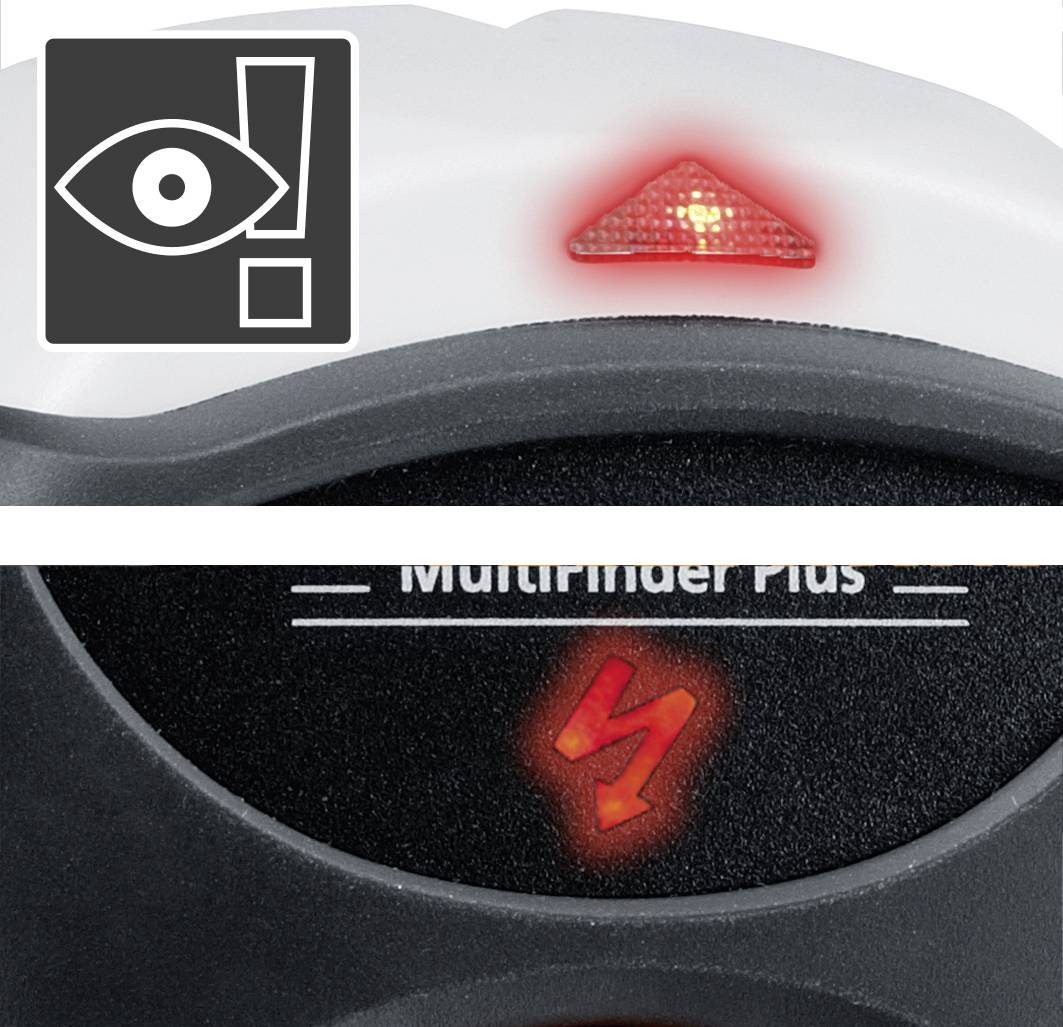 Warning sign with a stylised eye and an exclamation mark. Red light at the top indicates a warning signal.