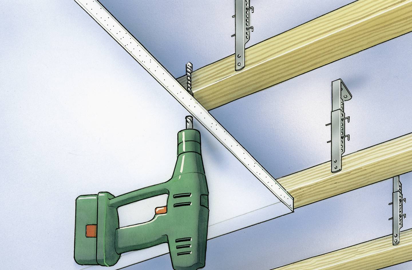 A green drill secures a white plate to a wooden batten on the ceiling. Metal rails support the structure.