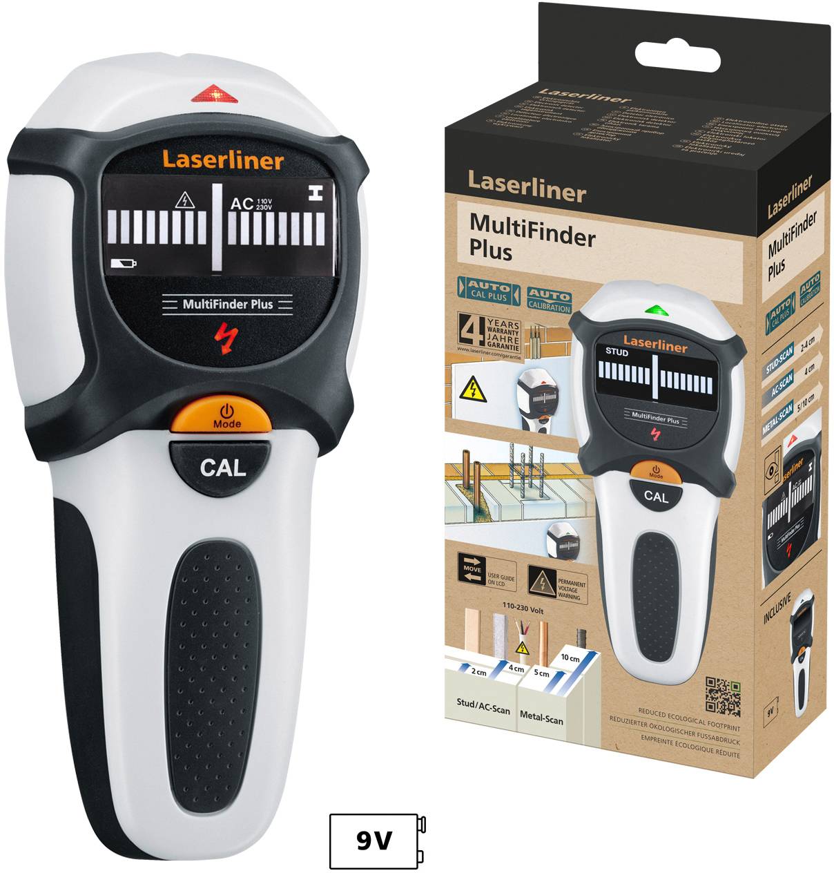 A multi-function detector for locating metals, wood and electrical cables. Packaging shows application examples and functions.