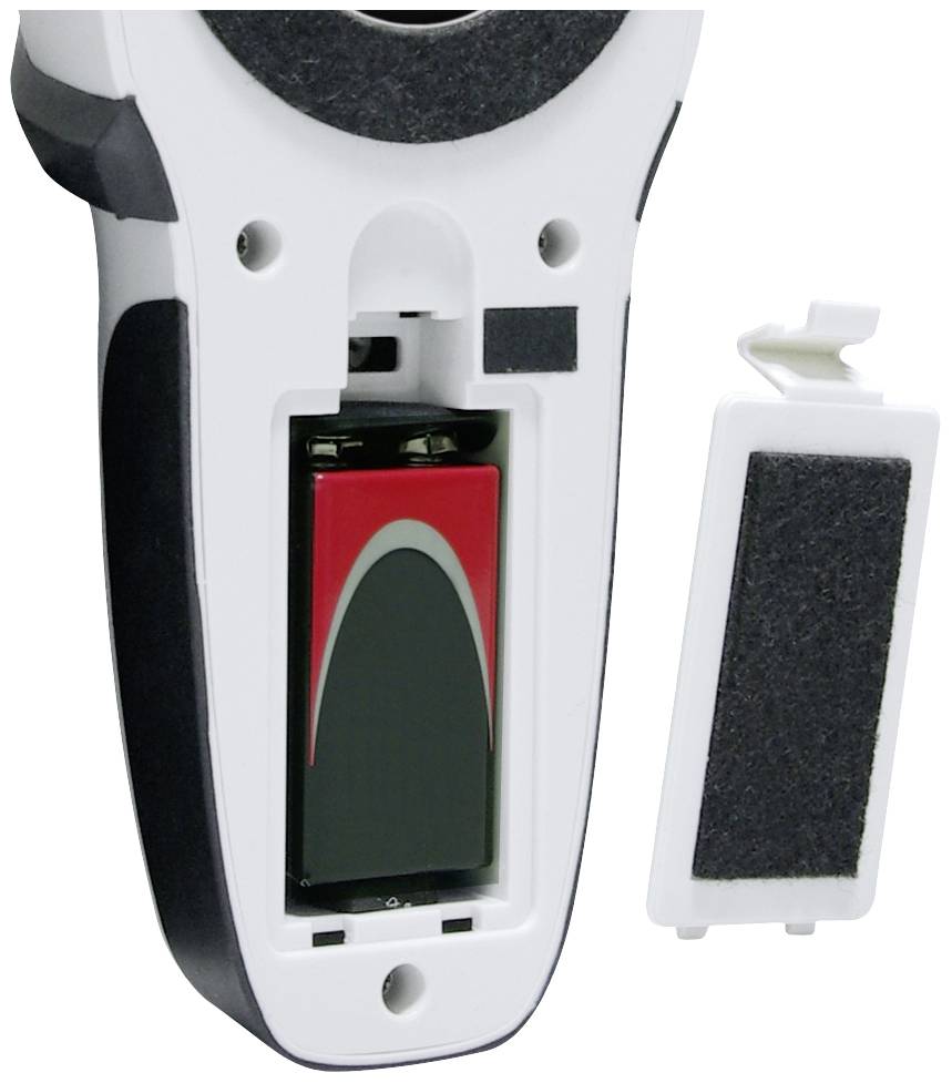 A remote control with an open battery compartment. A 9-volt battery is inserted. The lid of the compartment is shown beside it.