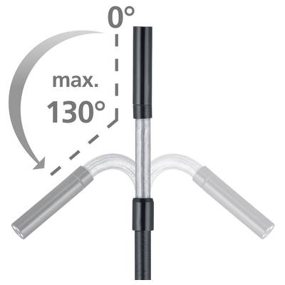 A diagram shows the bending of a flexible pipe to a maximum of 130 degrees from the vertical position.