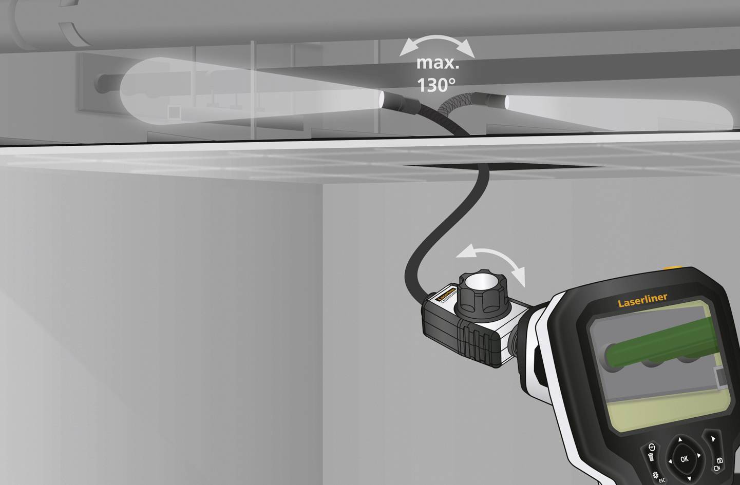 Endoscope camera with a flexible probe inserted into a narrow space. The screen displays an image of the interior.
