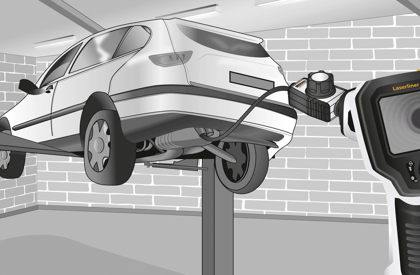A car is being inspected on a vehicle lift in a workshop. One person is using a thermal imaging camera to scan the undercarriage.