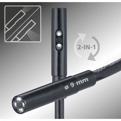 Endoscope camera with a 9 mm diameter, LED light at the tip and flexible cable. Suitable for confined spaces or inspections.