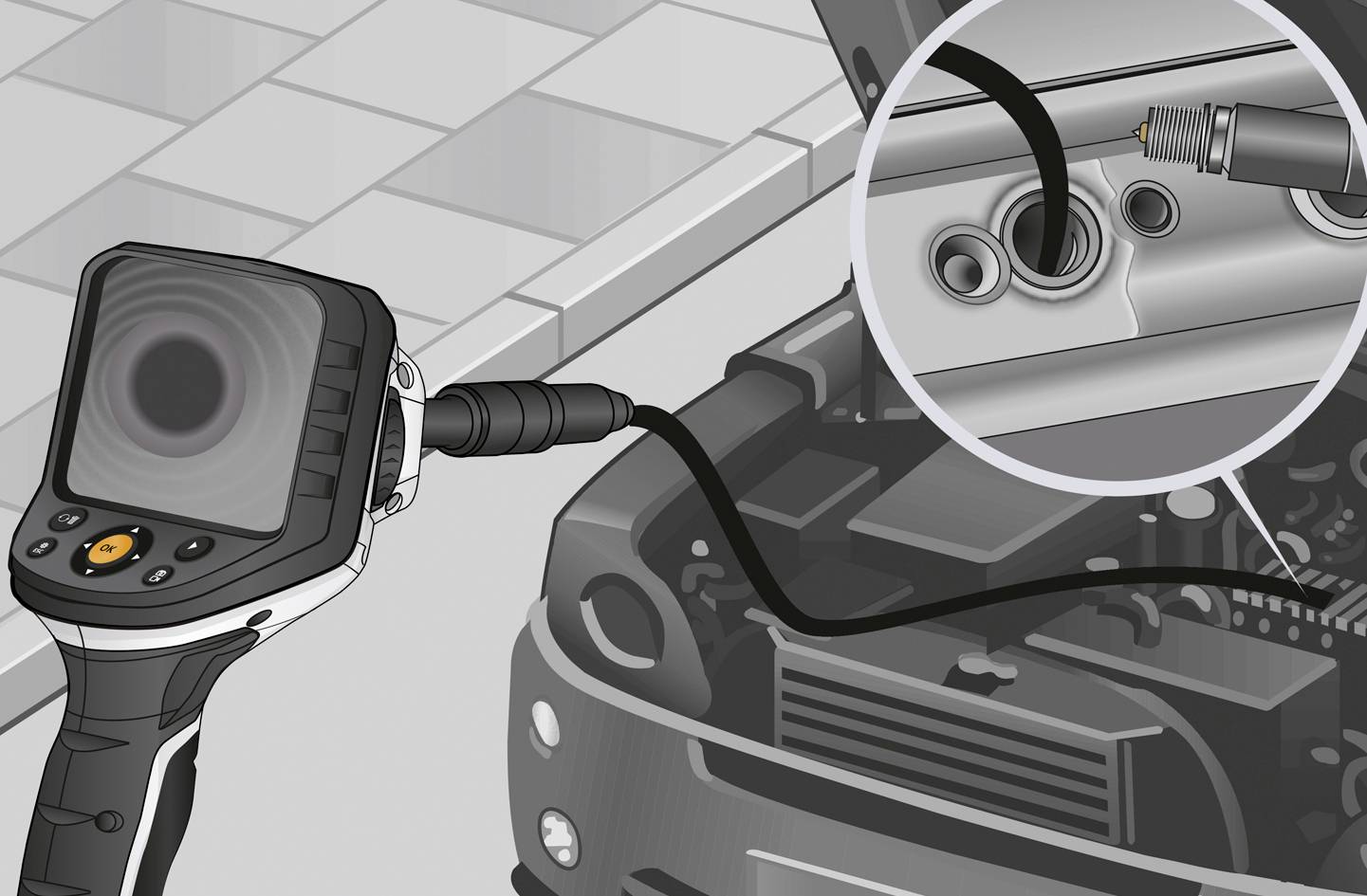 An endoscope is used to inspect the engine of a car. In the workshop, the endoscope is inserted into a spark plug opening.