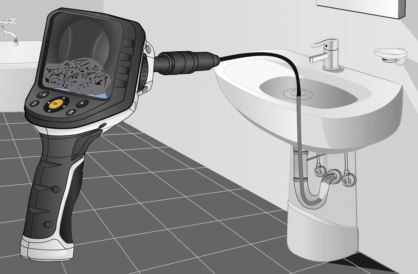 An endoscope is used to inspect the interior of a drain. It shows details on the screen and is connected to a sink.
