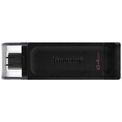 A black USB stick with 'Kingston' written in the centre and '64 GB' on the right-hand side, with a partially transparent protective cap.