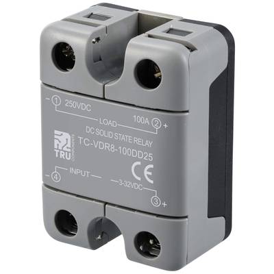 Grey DC semiconductor relay with the marking 'LOAD 100A 250VDC'. Marked with CE mark and model 'TC-VDR8-100D25'.