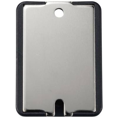 Metal card with a black border and a hole at the top.