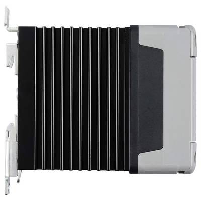 A rectangular, black radiator with vertical cooling fins and a silver border, shown from the side.