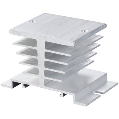 A silver-coloured metal heatsink with multiple flat fins for heat dissipation.