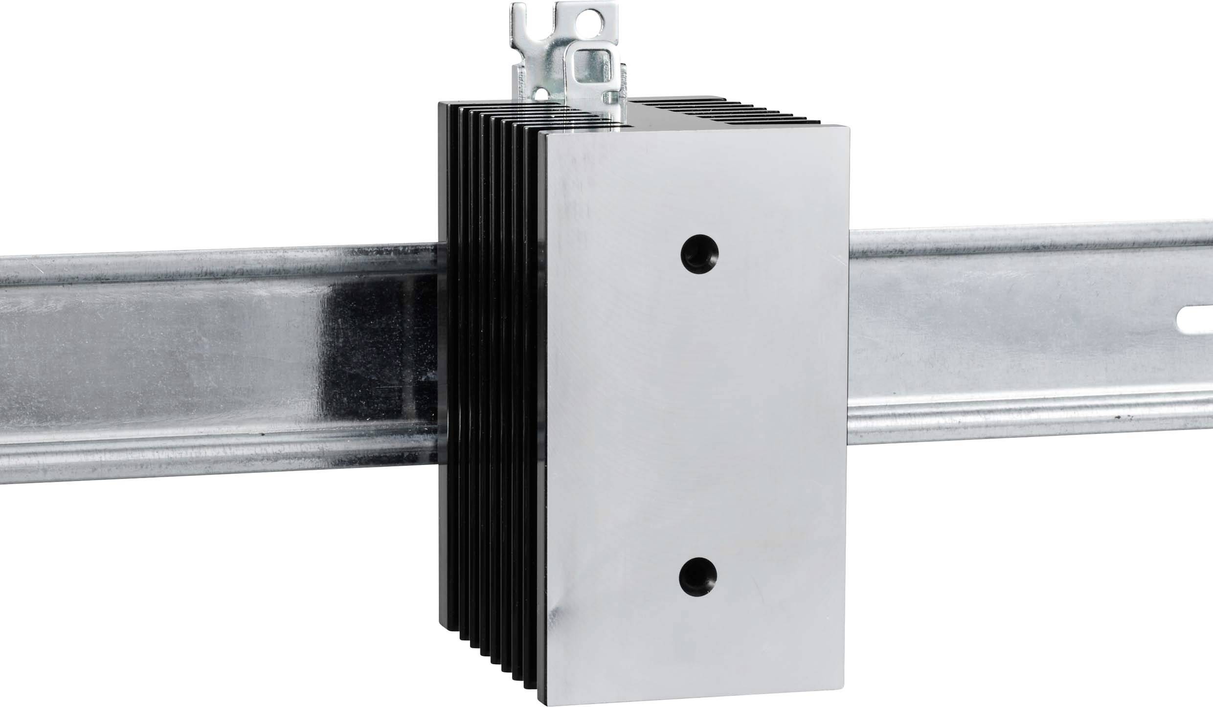 A rectangular metal block with fins is attached to a metal rod.