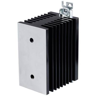 Black, fin-shaped heat sink with two mounting holes and metal bracket on top; used for heat dissipation in electronic components.