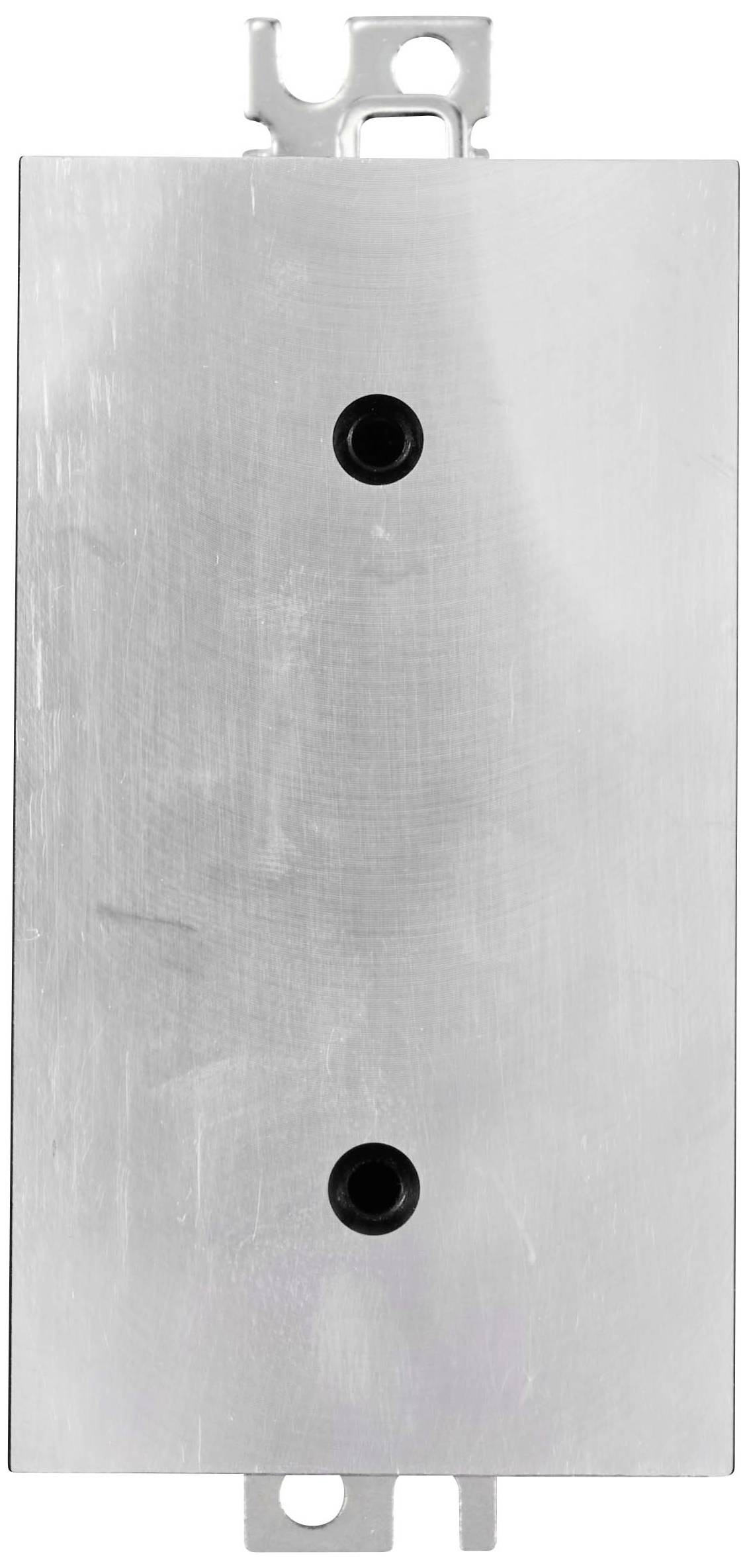 Rectangular metal plate with two screw holes in the centre, with a slightly reflective surface. A mounting tab is visible at the top and bottom.
