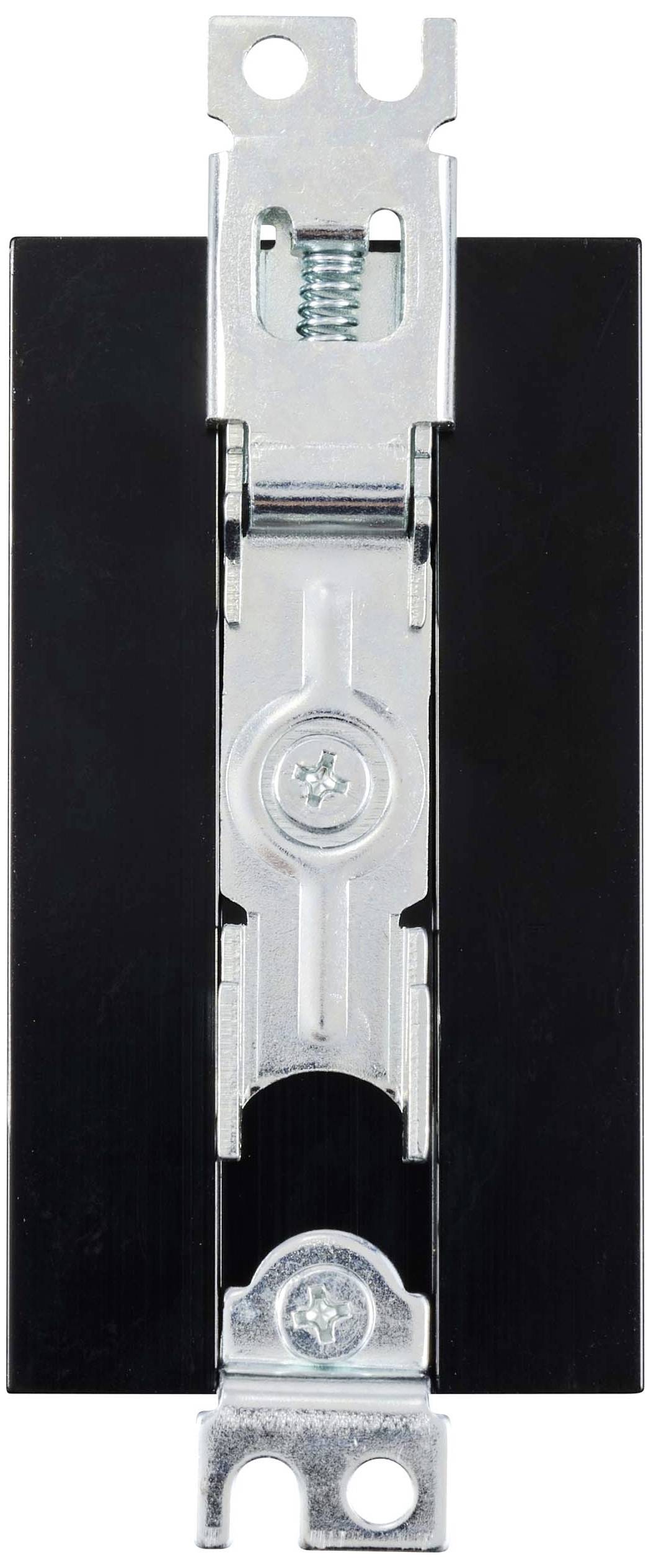 A black, rectangular electrical switch with silver metal components for mounting; front view.