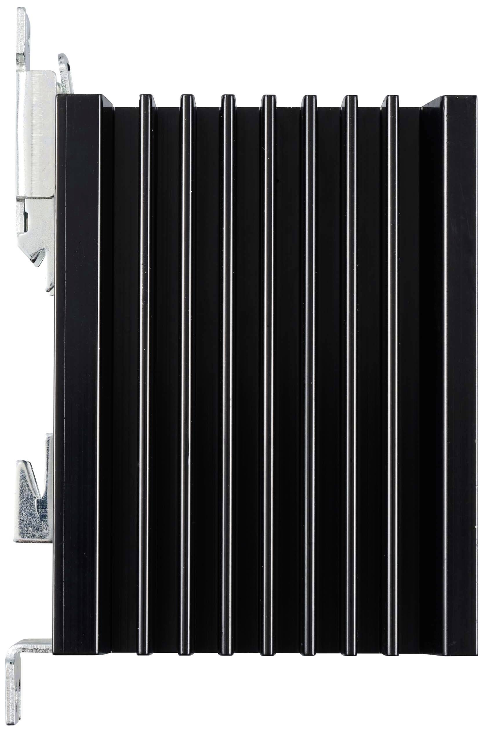 A black heatsink with vertical fins, mounted on a metallic bracket, for thermal regulation of electronic devices.