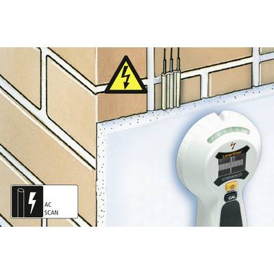 A wall detector shows the position of electrical cables behind a wall. A warning sign indicates electrical danger.