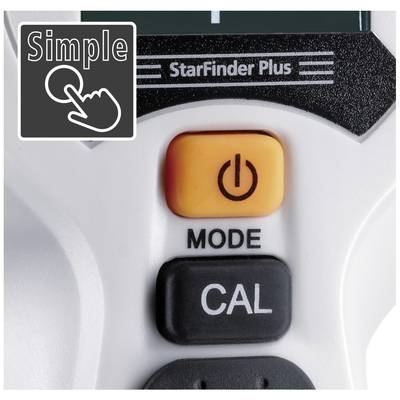 Close-up of a device with 'MODE', 'CAL' buttons and an orange power on/off button. A 'Simple' symbol is located in the top left corner.