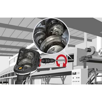 An endoscope camera examines machine parts with gears, which are enlarged for inspection.